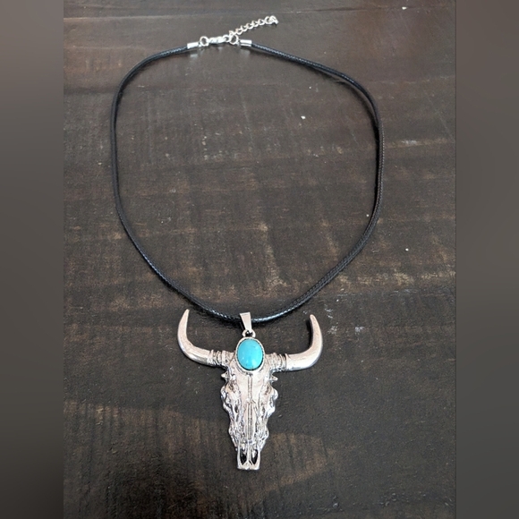 Silver and Turquoise Bull Skull Pendant Necklace - Picture 2 of 3